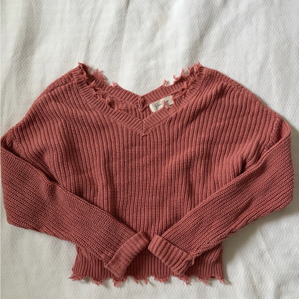 Frayed Hem Knit Sweater in Dusty Pink